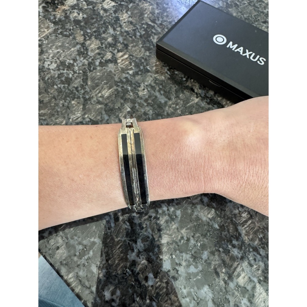 VTG Estate Alpaca Mexico Sterling Silver & Black Enamel 7" Bangle Bracelet .925